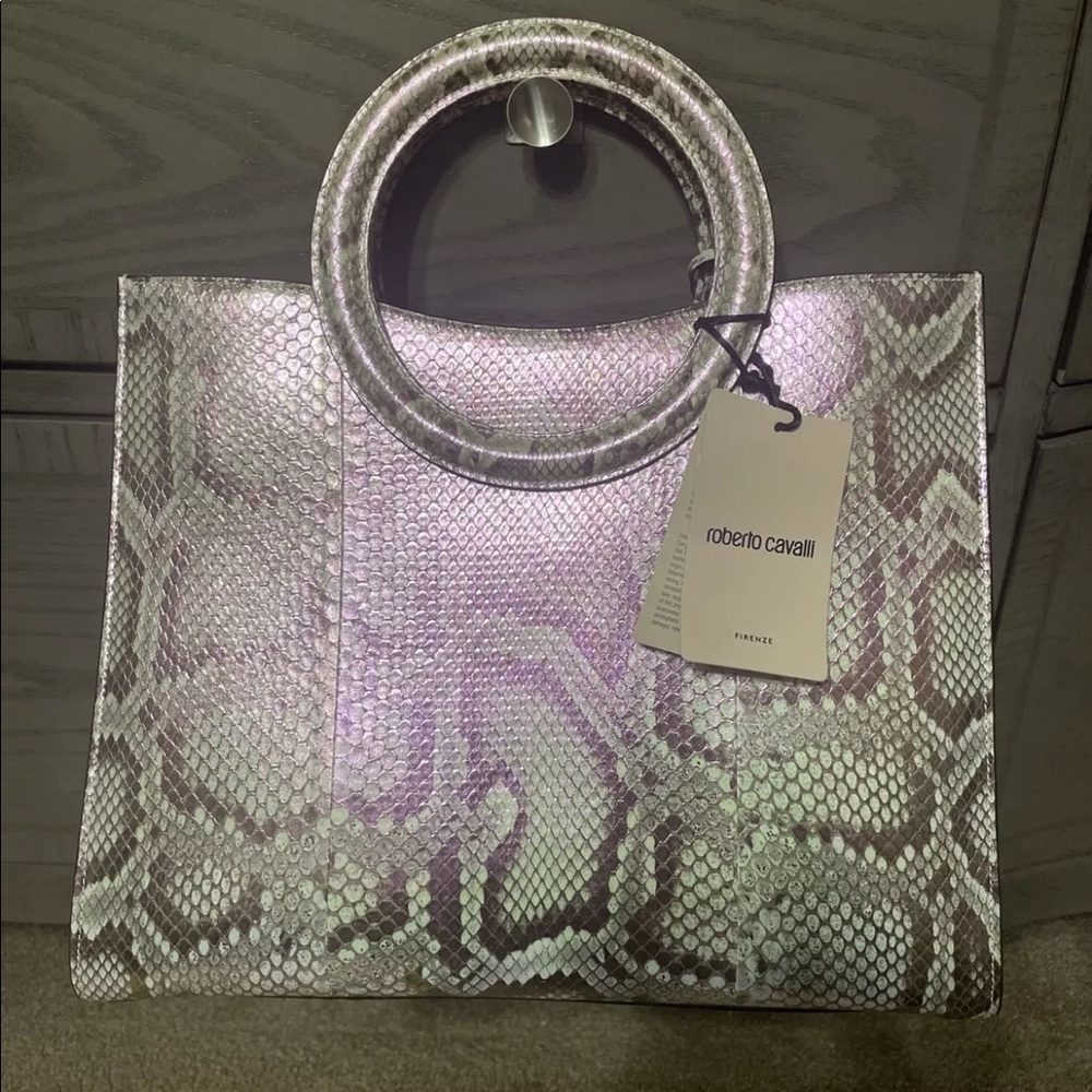 Roberto Cavalli iridescent python top handle bag